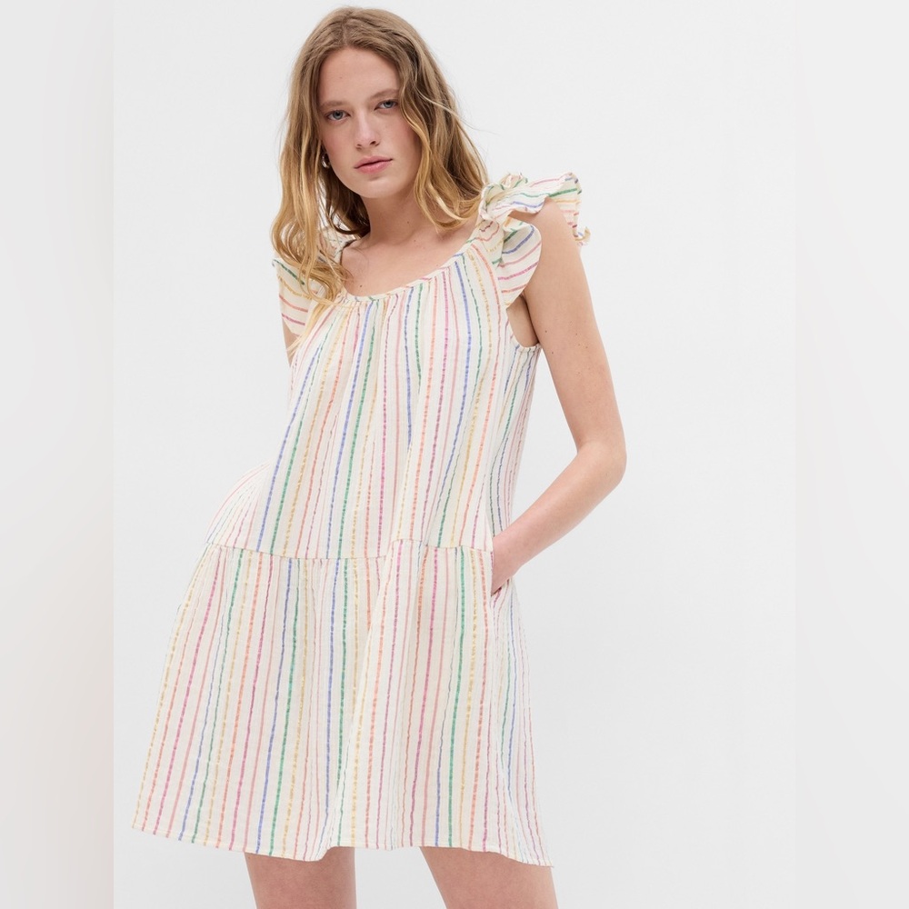 Gap metallic multi color stripe Crinkle Gauze Mini Dress, size TALL medium